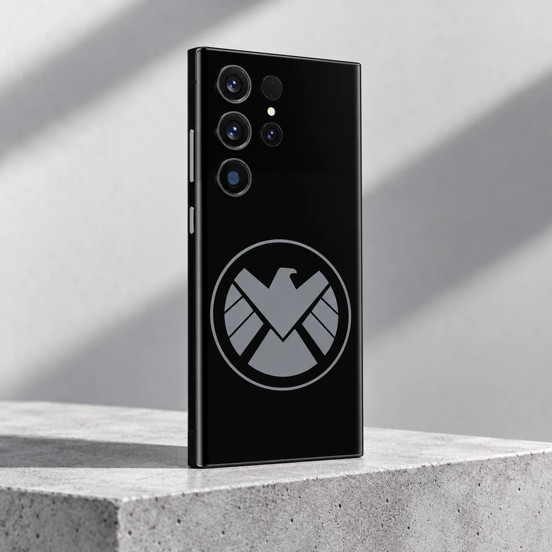 Marvel Shield Black Mobile Skin - Concrete Studio Angle Black Marvel Shield mobile skin with grey circular eagle emblem, concrete studio angle