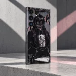 Black and mauve masked anime mobile skin, concrete daylight angle