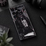 Black and mauve masked anime mobile skin, streetwear desk view