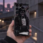 Black and mauve masked anime mobile skin, dusk handheld view