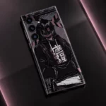 Black and mauve masked anime mobile skin, smoked glass overhead view