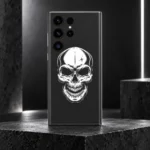 Minimal White Skull Mobile Skin with white skull artwork on charcoal grey, dark studio hero