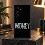 Black Money mobile skin with bold banknote-filled MONEY lettering, modern desk hero