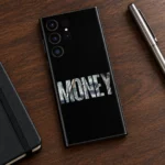 Black Money mobile skin with bold banknote-filled MONEY lettering, walnut flatlay