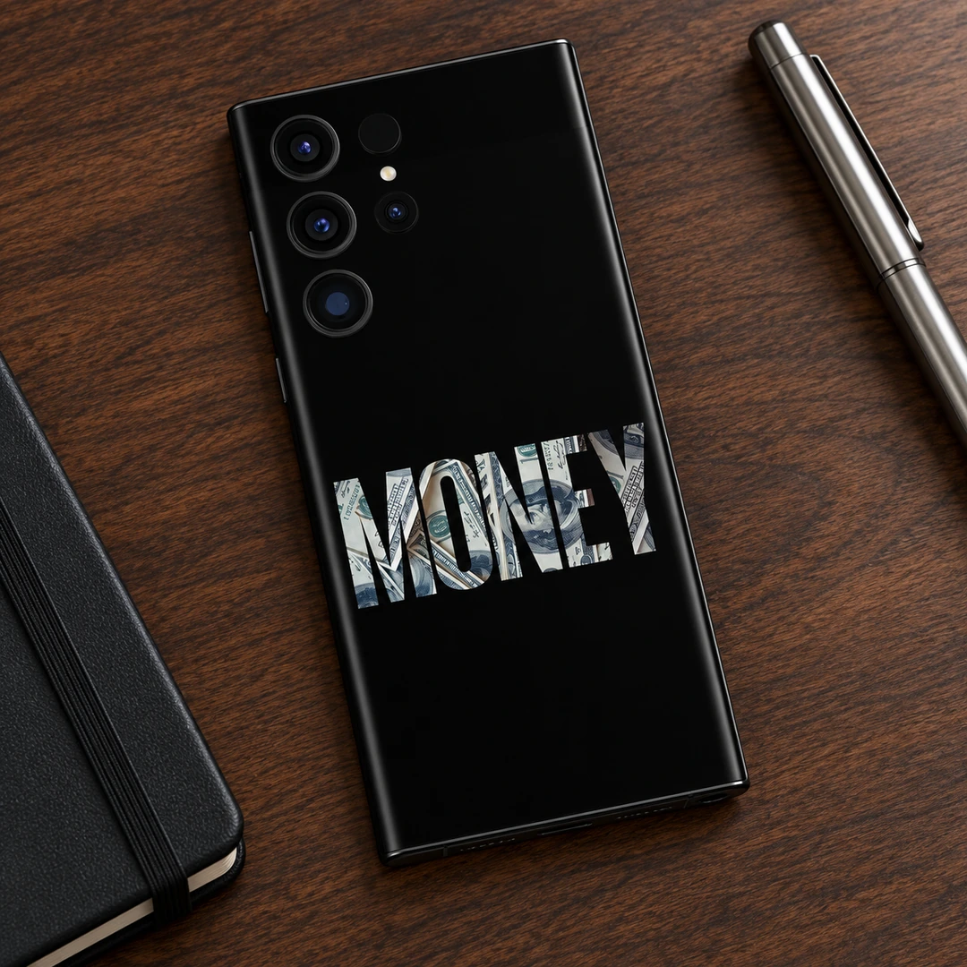 Money Mobile Skin - Walnut Flatlay Black Money mobile skin with bold banknote-filled MONEY lettering, walnut flatlay