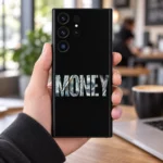 Black Money mobile skin with bold banknote-filled MONEY lettering, cafe handheld