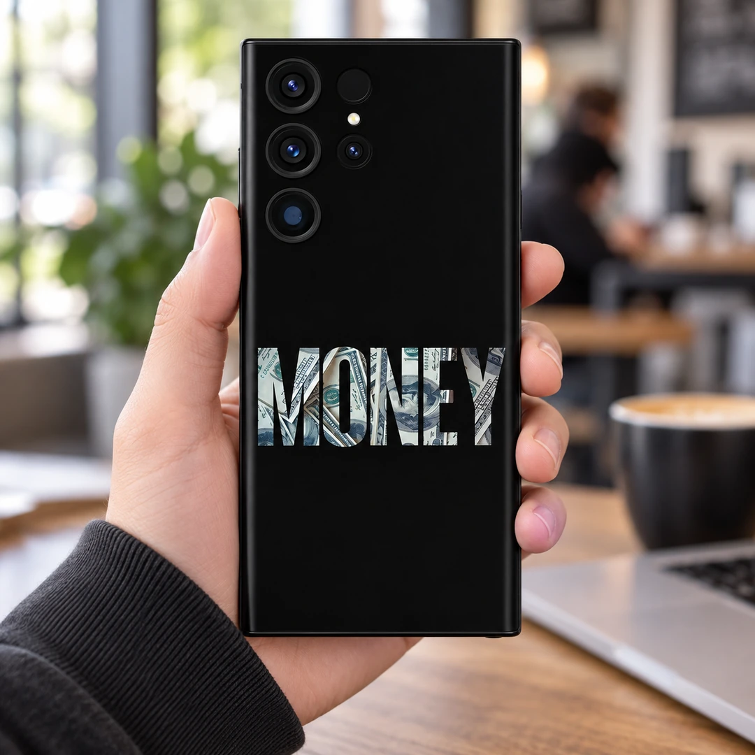 Money Mobile Skin - Cafe Handheld Black Money mobile skin with bold banknote-filled MONEY lettering, cafe handheld