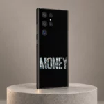 Black Money mobile skin with bold banknote-filled MONEY lettering, taupe studio angle