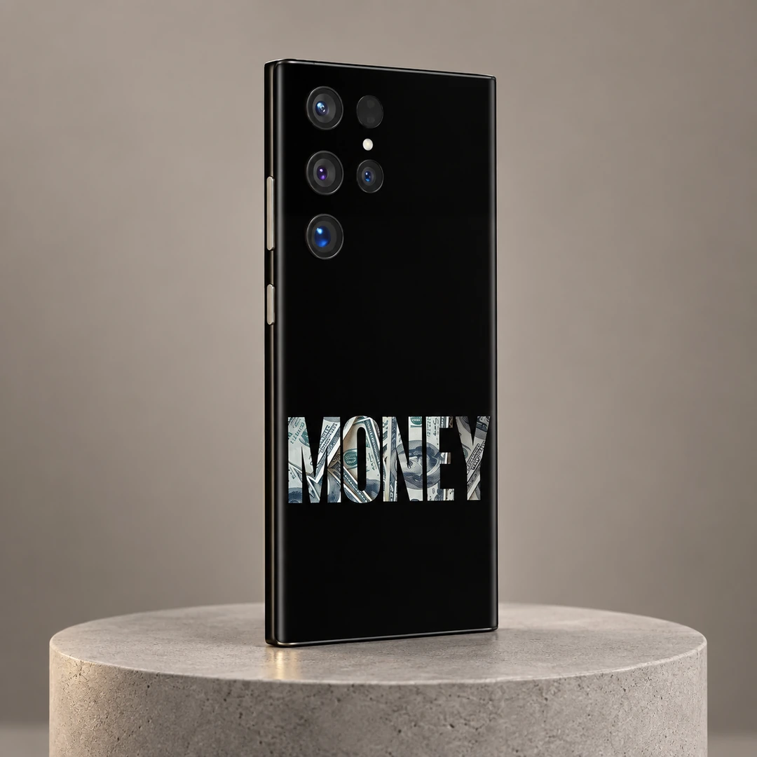 Money Mobile Skin - Taupe Studio Angle Black Money mobile skin with bold banknote-filled MONEY lettering, taupe studio angle