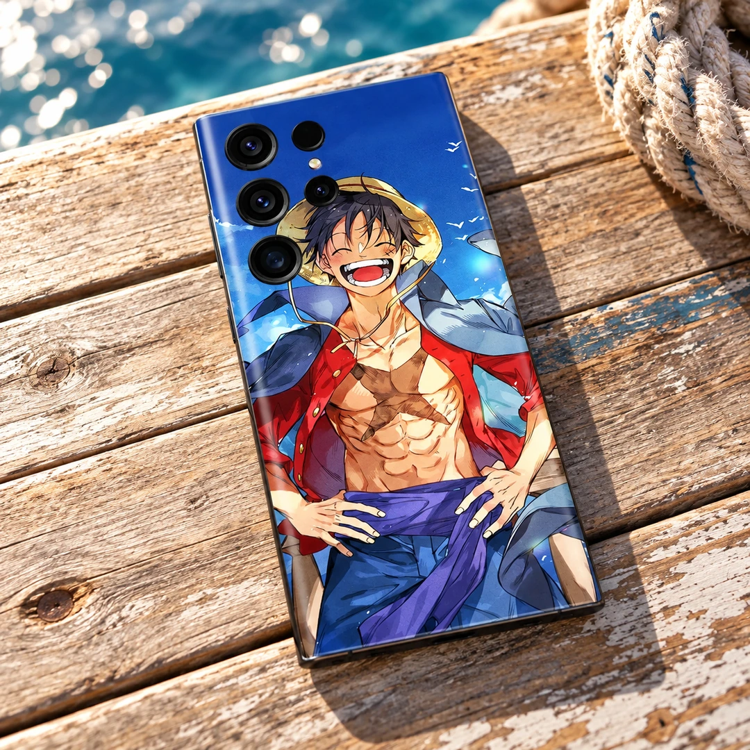Monkey D Luffy Blue Sky Mobile Skin - Sunlit boat-deck flat lay Monkey D Luffy Blue Sky Mobile Skin shown sunlit boat-deck flat lay