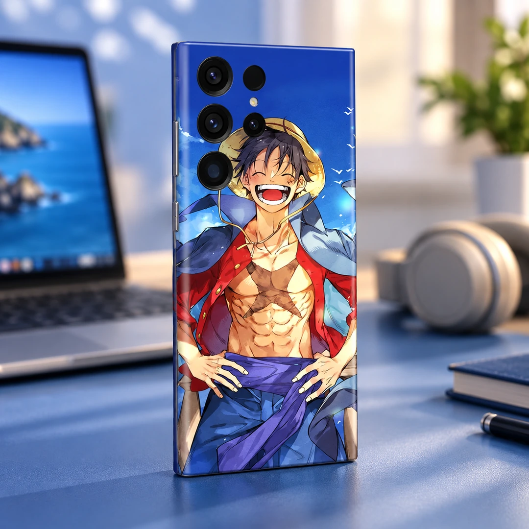 Monkey D Luffy Blue Sky Mobile Skin - Angled blue desk view Monkey D Luffy Blue Sky Mobile Skin shown angled blue desk view