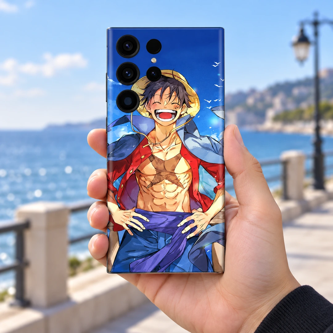 Monkey D Luffy Blue Sky Mobile Skin - Handheld seaside view Monkey D Luffy Blue Sky Mobile Skin shown handheld seaside view