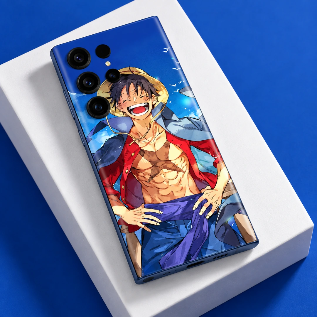Monkey D Luffy Blue Sky Mobile Skin - Angled white-block detail Monkey D Luffy Blue Sky Mobile Skin shown angled white-block detail