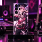 Mori Calliope pink and black mobile skin, purple music studio hero