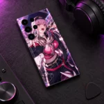 Mori Calliope pink and black mobile skin, headphones desk flat lay