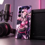 Mori Calliope pink and black mobile skin, recording booth angled view