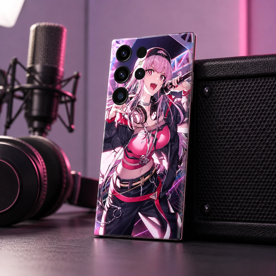 Mori Calliope Pink Stage Mobile Skin - recording booth angled view Mori Calliope pink and black mobile skin, recording booth angled view
