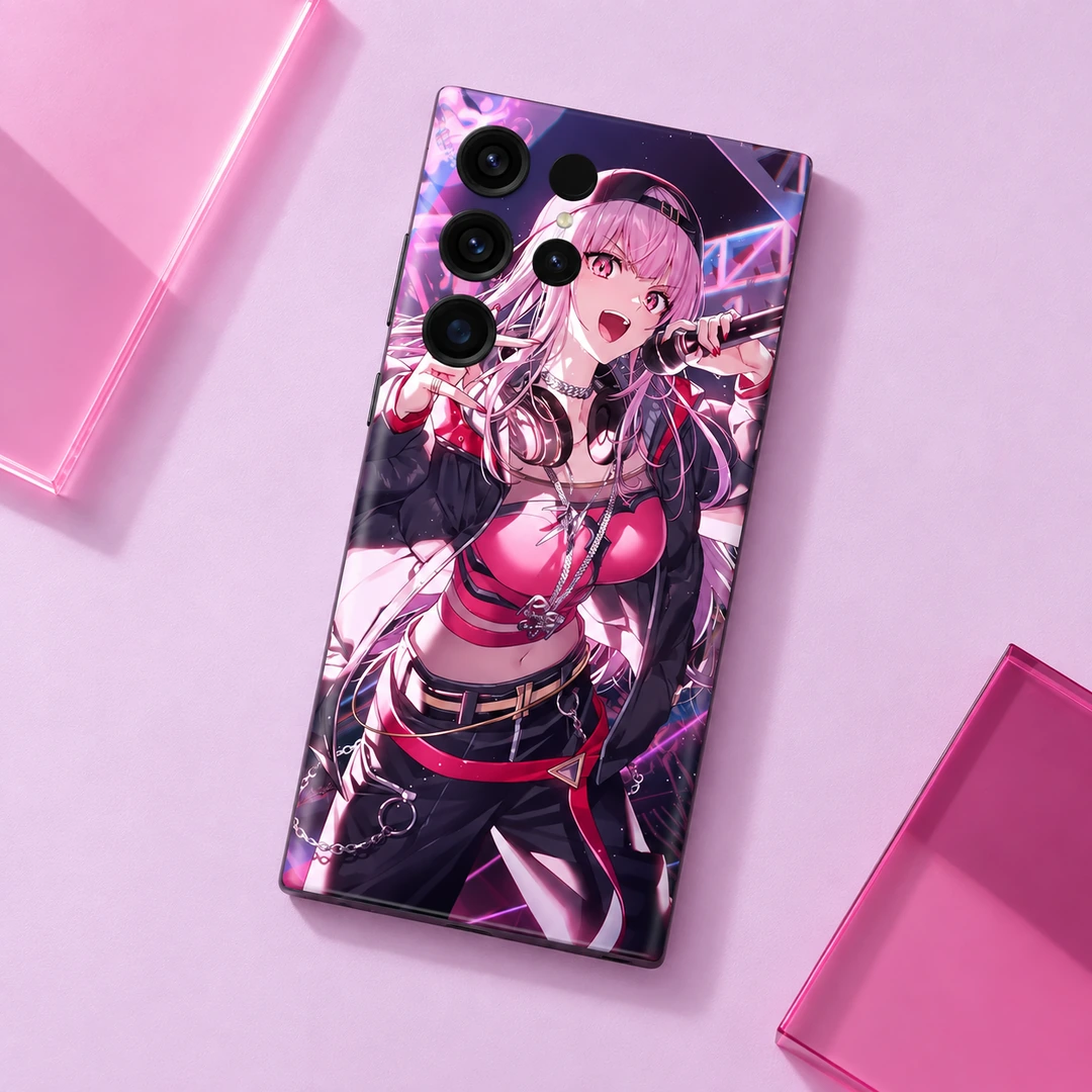 Mori Calliope Pink Stage Mobile Skin - lilac studio beauty view Mori Calliope pink and black mobile skin, lilac studio beauty view