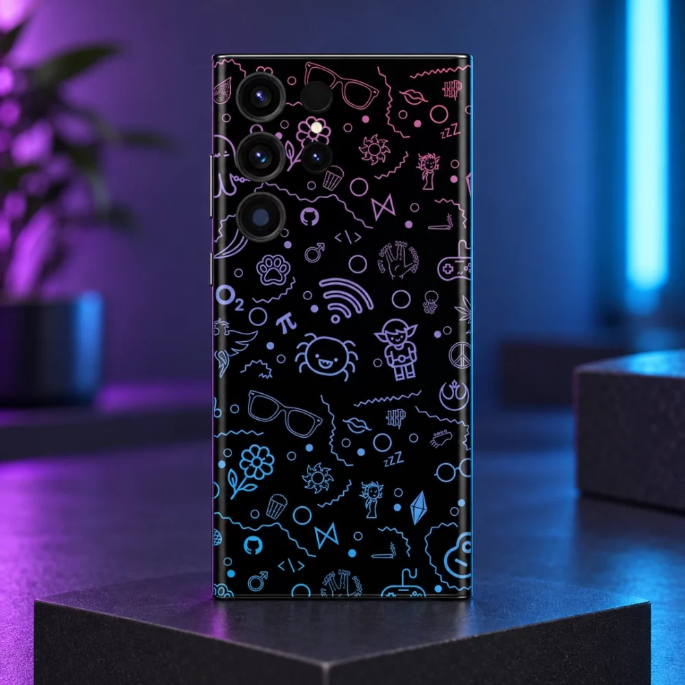 Black motif pattern mobile skin with purple and blue line art doodles, creative studio hero
