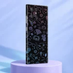 Black motif pattern mobile skin with purple and blue line art doodles, lavender podium angle