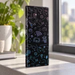 Black motif pattern mobile skin with purple and blue line art doodles, window light view