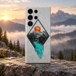 Mountain Art Mobile Skin with orange sun and turquoise river, sunrise mountain hero