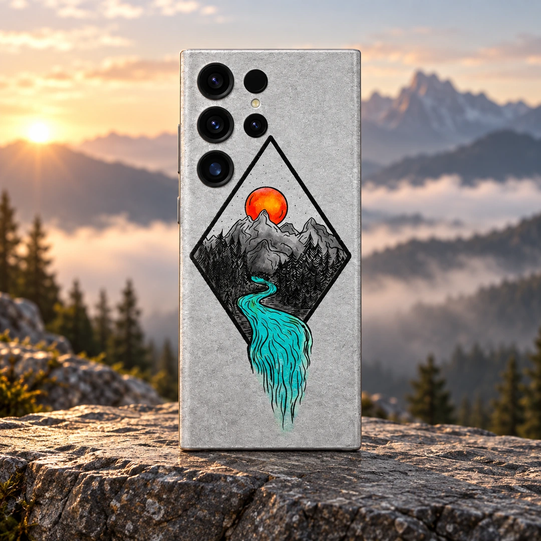 Mountain Art Mobile Skin - Sunrise Mountain Hero Mountain Art Mobile Skin with orange sun and turquoise river, sunrise mountain hero