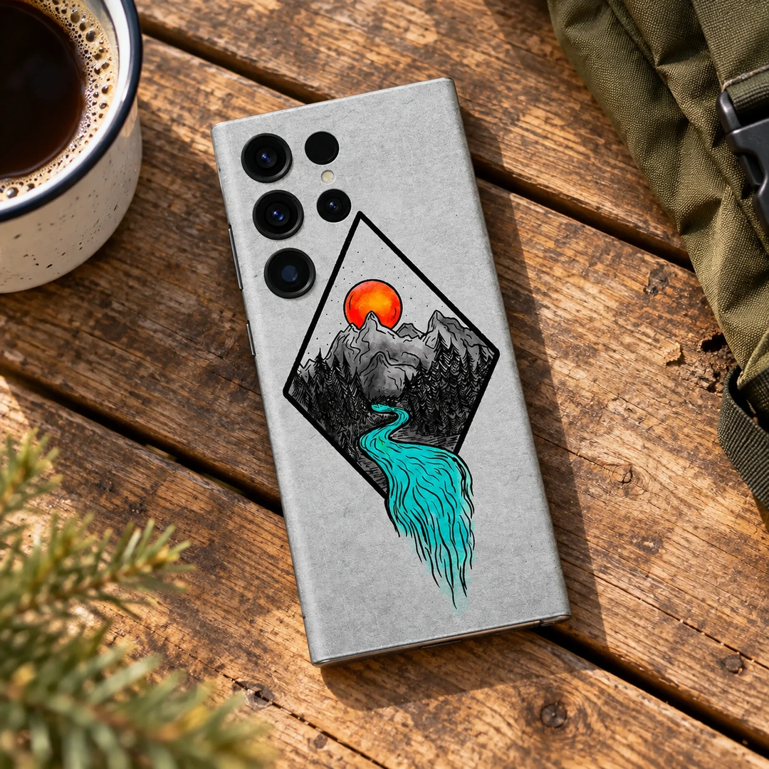 Mountain Art Mobile Skin - Camping Table Flat Lay Mountain Art Mobile Skin with orange sun and turquoise river, camping table flat lay