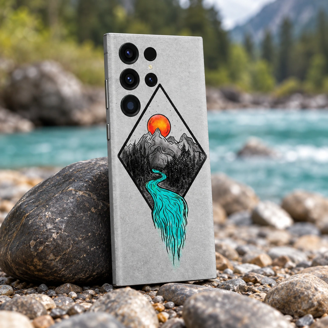 Mountain Art Mobile Skin - Turquoise Riverbank View Mountain Art Mobile Skin with orange sun and turquoise river, turquoise riverbank view