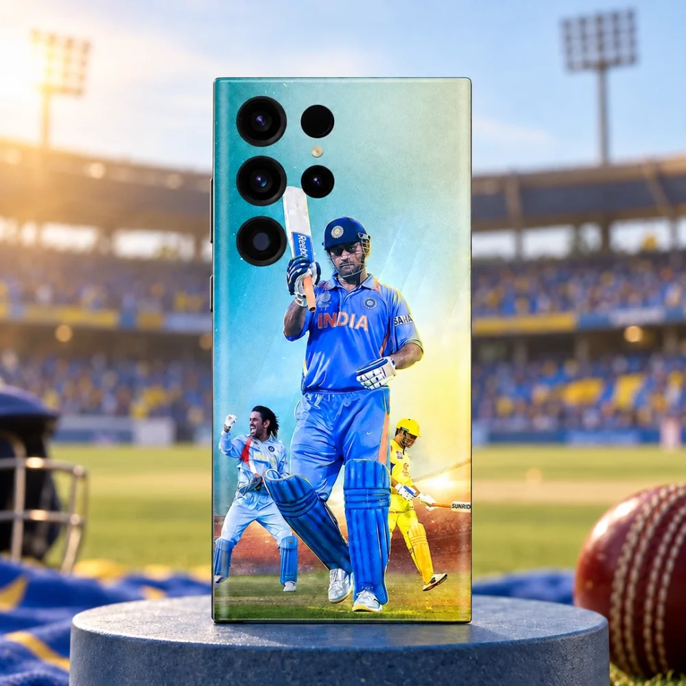 MS Dhoni Cricket Photo Montage Mobile Skin, stadium hero with blue and yellow cricket portraits
