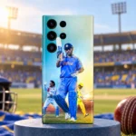 MS Dhoni Cricket Photo Montage Mobile Skin, stadium hero with blue and yellow cricket portraits