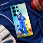 MS Dhoni Cricket Photo Montage Mobile Skin, cricket kit flat lay with blue and yellow cricket portraits