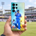 MS Dhoni Cricket Photo Montage Mobile Skin, pavilion handheld view with blue and yellow cricket portraits