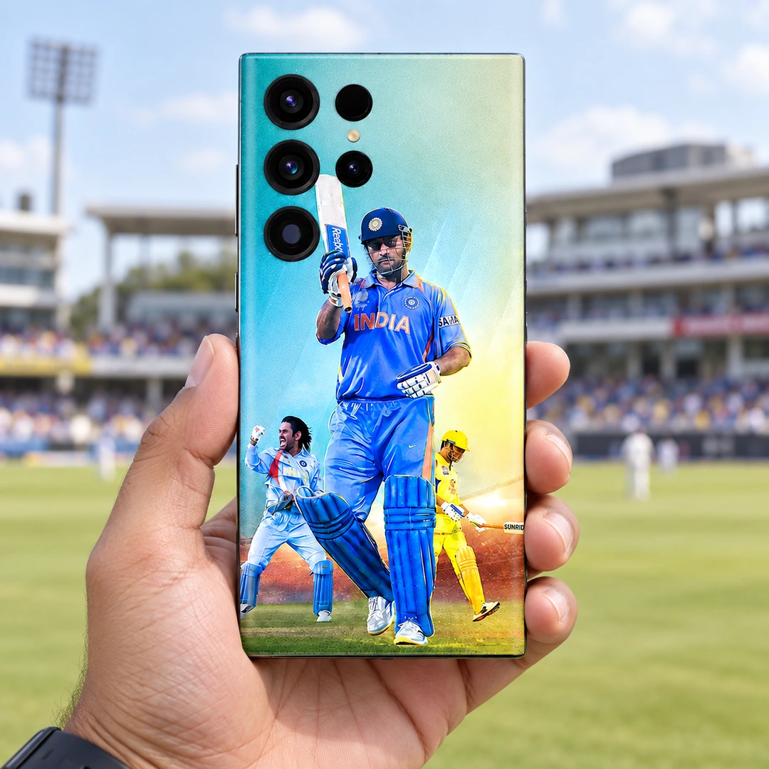 MS Dhoni Cricket Photo Montage Mobile Skin – Pavilion handheld view MS Dhoni Cricket Photo Montage Mobile Skin, pavilion handheld view with blue and yellow cricket portraits