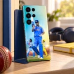 MS Dhoni Cricket Photo Montage Mobile Skin, cricket desk view with blue and yellow cricket portraits
