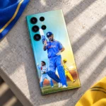 MS Dhoni Cricket Photo Montage Mobile Skin, stone bench detail with blue and yellow cricket portraits