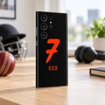 Black MS Dhoni number 7 mobile skin - oak desk angle