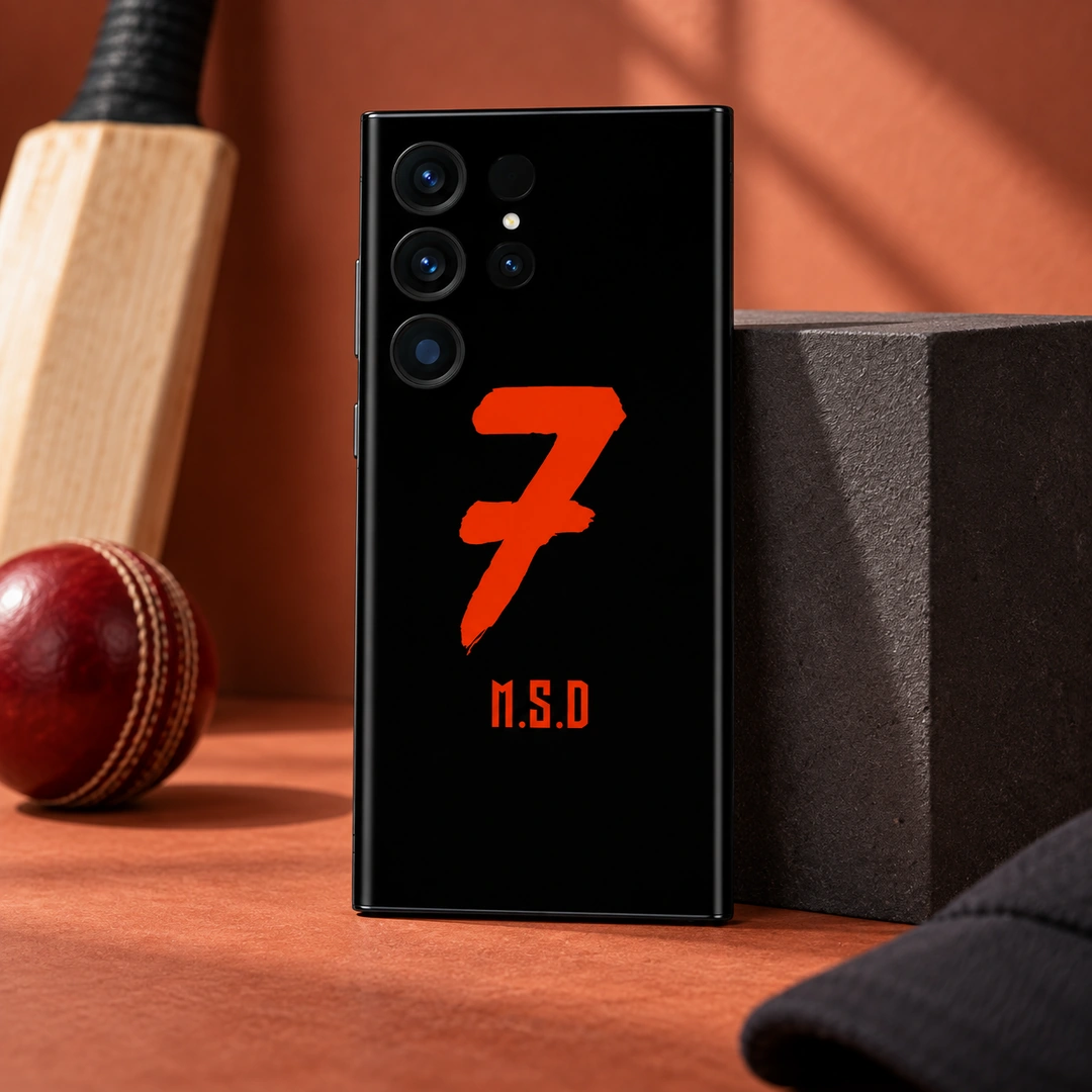 MS Dhoni Number 7 Black Mobile Skin - Terracotta Studio View Black MS Dhoni number 7 mobile skin - terracotta studio view