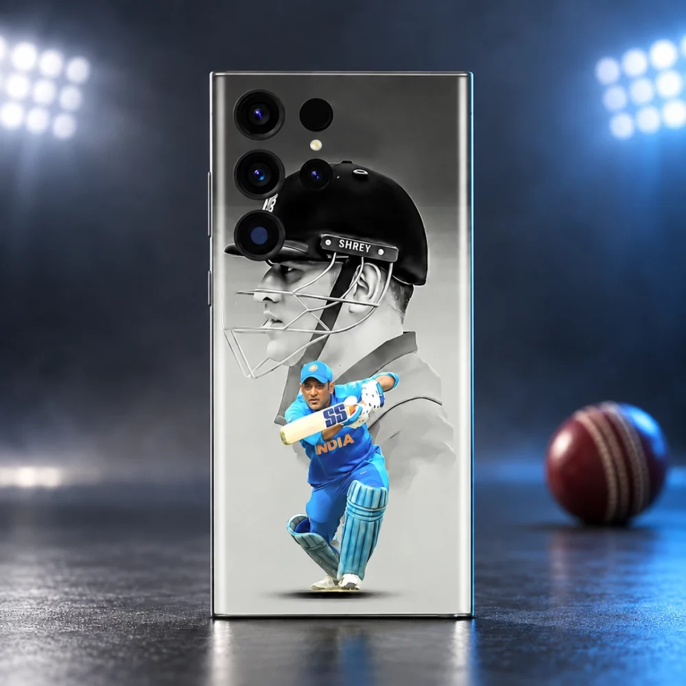 MS Dhoni Photo Mobile Skin with monochrome helmet portrait and blue batting photo, blue sports studio hero