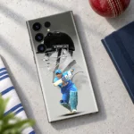 MS Dhoni Photo Mobile Skin with monochrome helmet portrait and blue batting photo, cricket desk flat lay