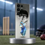 MS Dhoni Photo Mobile Skin with monochrome helmet portrait and blue batting photo, practice nets view