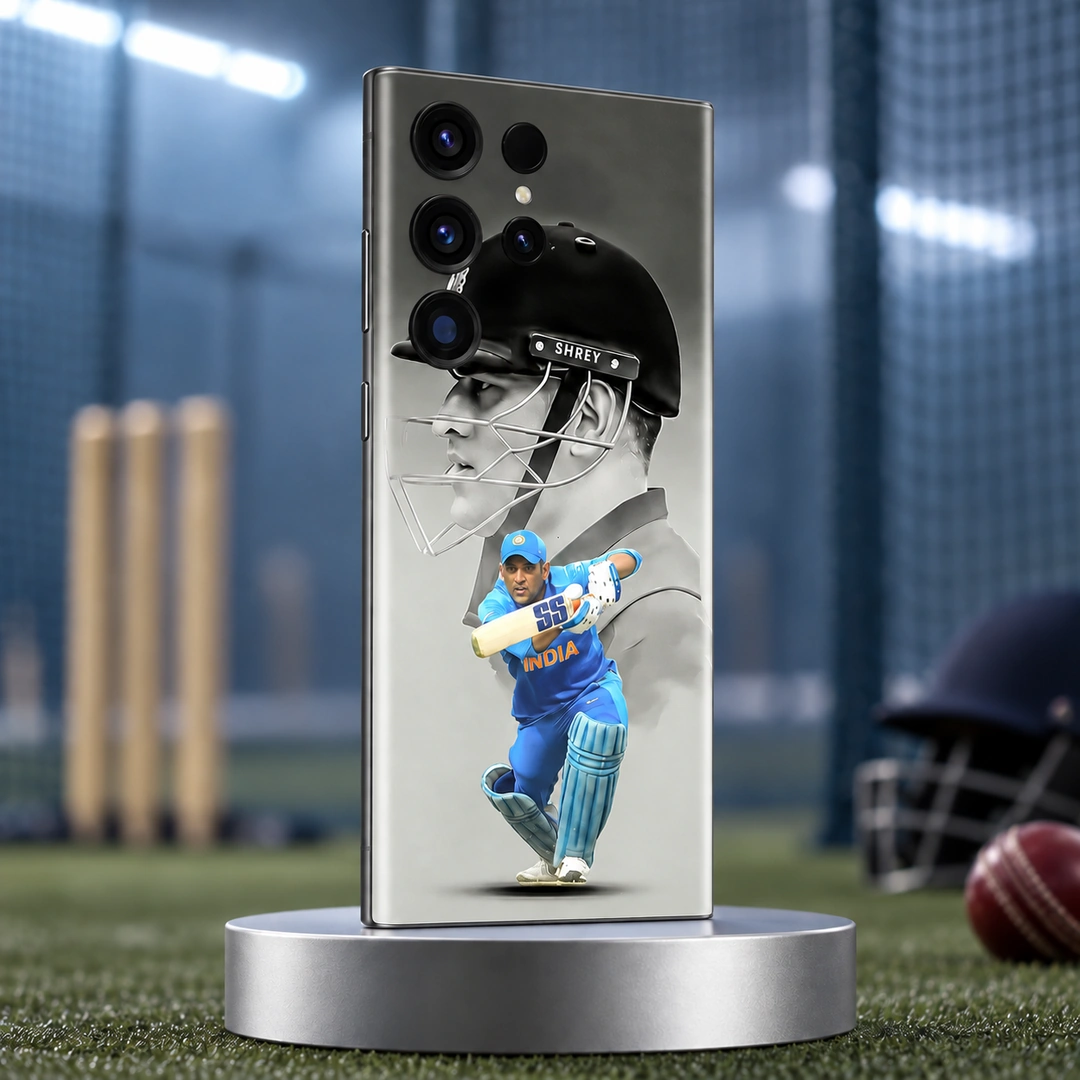 MS Dhoni Photo Mobile Skin - Practice Nets View MS Dhoni Photo Mobile Skin with monochrome helmet portrait and blue batting photo, practice nets view