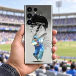 MS Dhoni Photo Mobile Skin with monochrome helmet portrait and blue batting photo, stadium lifestyle