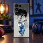 MS Dhoni Photo Mobile Skin with monochrome helmet portrait and blue batting photo, evening cricket desk