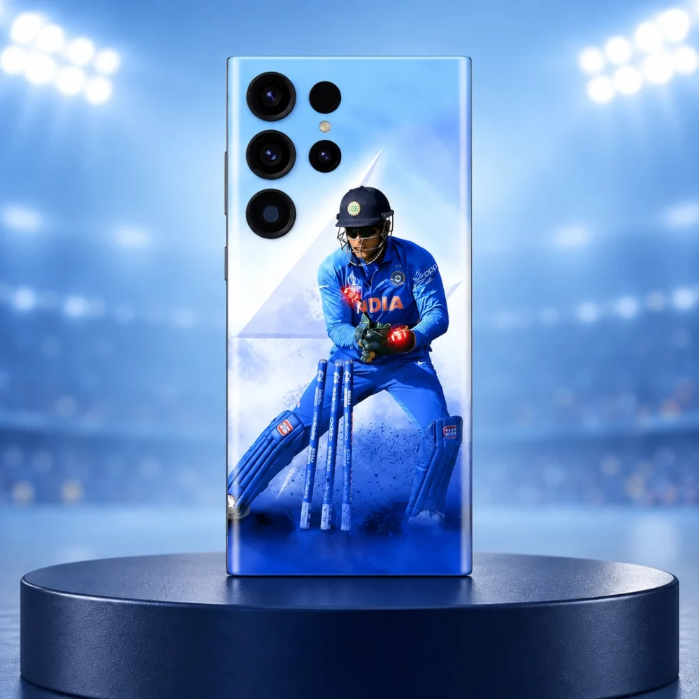 MS Dhoni wicketkeeping photo mobile skin in stadium studio hero