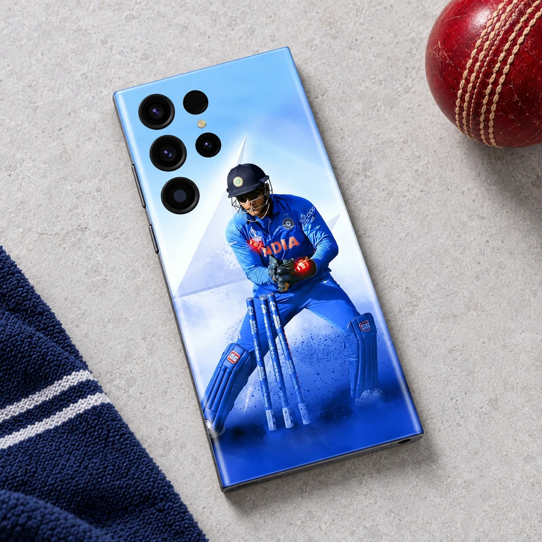 MS Dhoni Wicketkeeping Mobile Skin – Cricket bench flat lay MS Dhoni wicketkeeping photo mobile skin in cricket bench flat lay