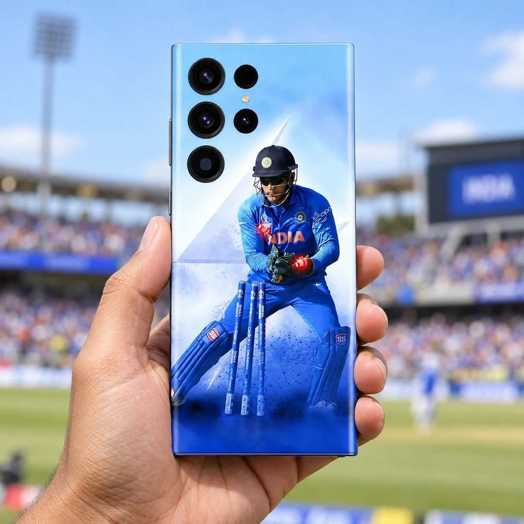 MS Dhoni Wicketkeeping Mobile Skin – Cricket ground handheld MS Dhoni wicketkeeping photo mobile skin in cricket ground handheld
