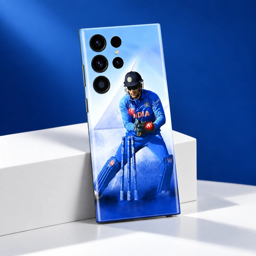 MS Dhoni Wicketkeeping Mobile Skin – Minimal blue studio MS Dhoni wicketkeeping photo mobile skin in minimal blue studio