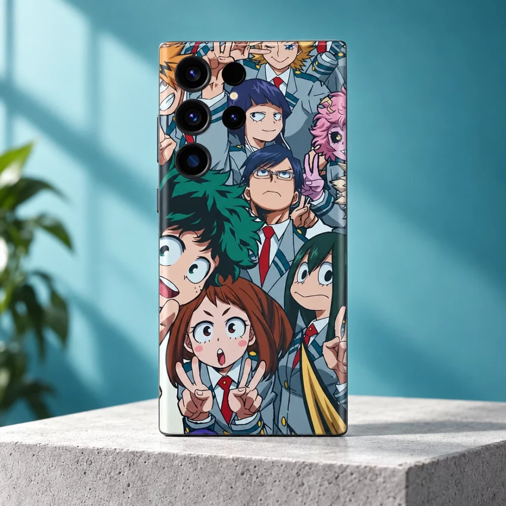 My Hero Academia Class Group Mobile Skin shown on a teal studio pedestal