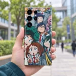 My Hero Academia Class Group Mobile Skin shown in hand on a campus walkway